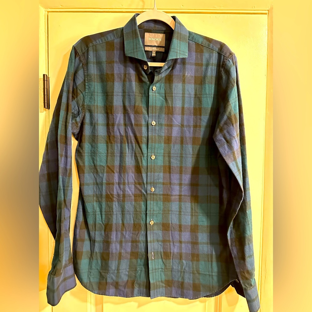 BONOBOS men’s medium tailored slim fit button down green blue plaid dress Shirt